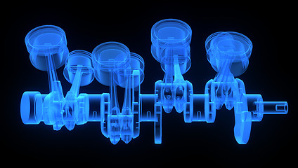 Image showing V8 engine pistons on a crankshaft, blue x-ray version