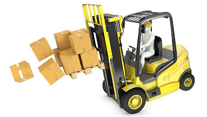 Image showing Overloaded yellow fork lift truck falling forward