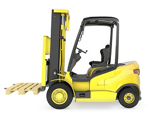 Image showing Yellow fork lift truck, with a pallet