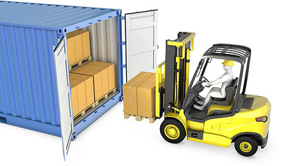Image showing Yellow fork lift truck unloads cargo container