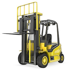 Image showing Yellow fork lift truck with raised fork, front view