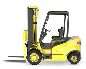 Image showing Yellow fork lift truck side view