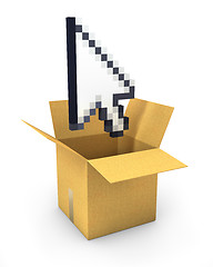 Image showing Pixel arrow cursor flies out of a carton box