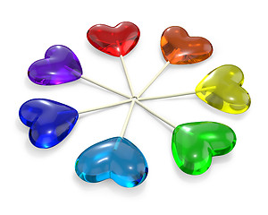 Image showing Seven heart shaped lollipops colored as rainbow