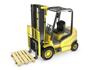 Image showing Yellow fork lift truck, with a pallet