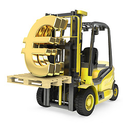 Image showing Fork lift truck lifts gold euro sign