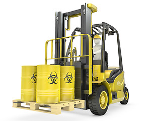 Image showing Fork lift truck with biohazard barrels