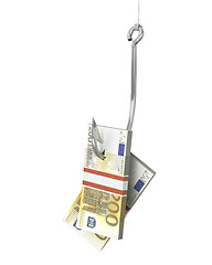 Image showing Pack of euro on a fishing hook