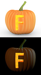 Image showing F letter carved on pumpkin jack lantern