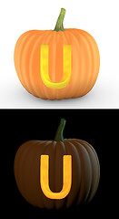 Image showing U letter carved on pumpkin jack lantern