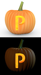 Image showing P letter carved on pumpkin jack lantern