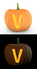 Image showing V letter carved on pumpkin jack lantern