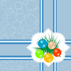 Image showing blank postcard, Christmas balls and fir-tree on blue background