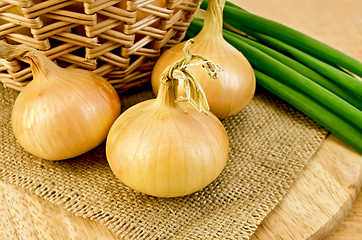 Image showing Onions yellow with a bundle of green onions