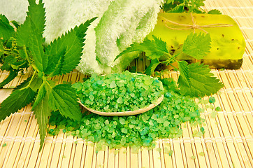 Image showing Salt and homemade soap with nettles