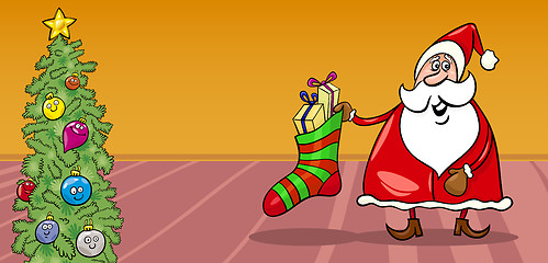 Image showing Santa and christmas sock cartoon card