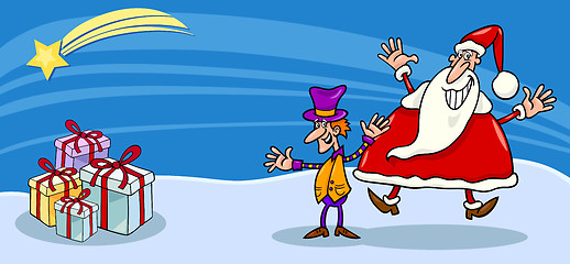 Image showing Santa and cristmas elf cartoon card