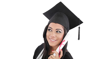 Image showing Thoughtful graduation woman with diploma looking on copy space 