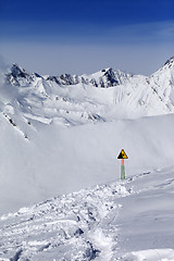 Image showing Warning sing on snow slope