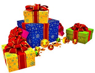 Image showing Christmas tree toys and set of gifts with red bows