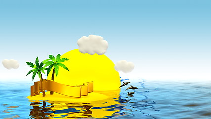 Image showing tropical island with palm and golden ribbon