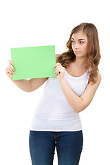 Image showing picture of happy teenage girl with blank green board