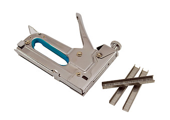 Image showing stapler pin clip tool  fasten material on white 