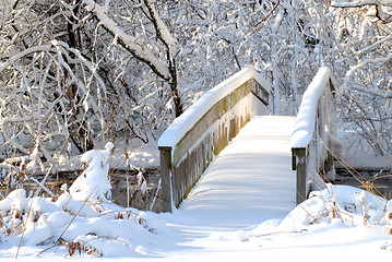 Image showing Bridge over a stream following a heavy snow in a wooded setting