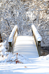 Image showing Head on view of a bridge over a stream following a heavy snow in