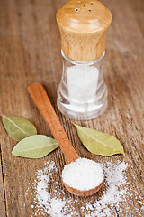 Image showing salt in spoon and shaker, bay leaves