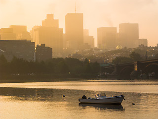 Image showing Motorboats anchored in the Charles River in Boston