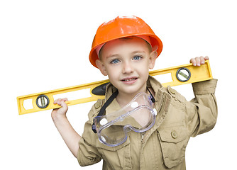 Image showing Child Boy with Level Playing Handyman Outside Isolated