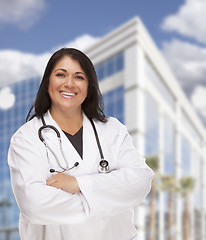 Image showing Attractive Hispanic Doctor or Nurse in Front of Building