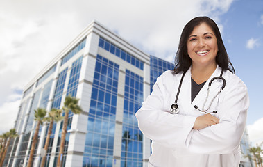 Image showing Attractive Hispanic Doctor or Nurse in Front of Building