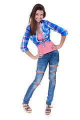 Image showing Glamorous young woman in shirt and jeans isolate on white backgr