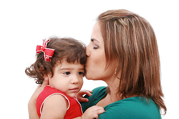 Image showing Happy mother kissing her daughter, isolated on white background 