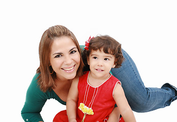 Image showing mom hugging with a small, beautiful child isolated on white back