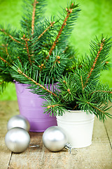 Image showing buckets with christmas fir tree and decorations