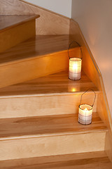 Image showing Lanterns decorating wooden staircase