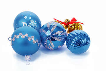 Image showing Blue christmas balls and small golden bells