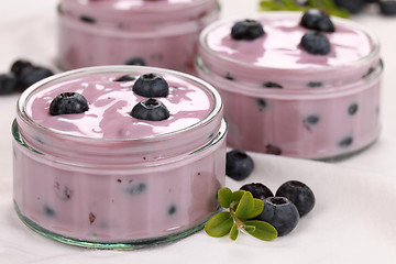 Image showing Yogurt with blueberries served in glass bowls