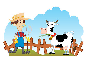 Image showing Farmer and cow