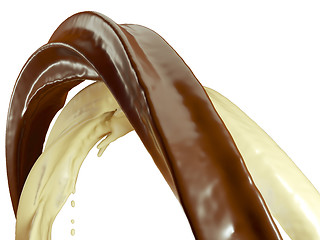 Image showing Drinks: Hot dark and milk chocolate flow isolated on white