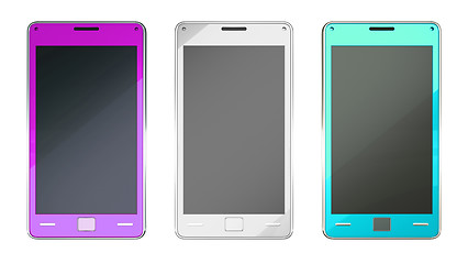 Image showing Smart phones in purple grey and turquoise colours isolated