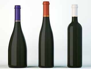 Image showing Three corked black bottles for wine or beverages