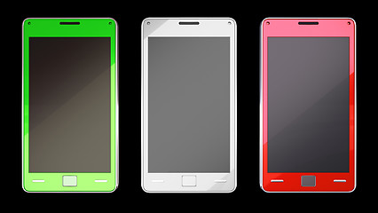 Image showing Three smart phones in different colours over black