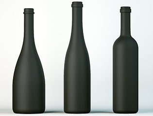 Image showing Three uncorked black bottles for wine or beverages 