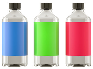 Image showing Three bottles for chemicals or drugs with colorful stickers isol