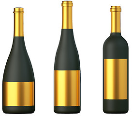 Image showing Three black bottles for wine with golden labels isolated 