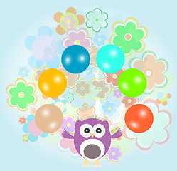 Image showing Doodle owls with balls on floral background